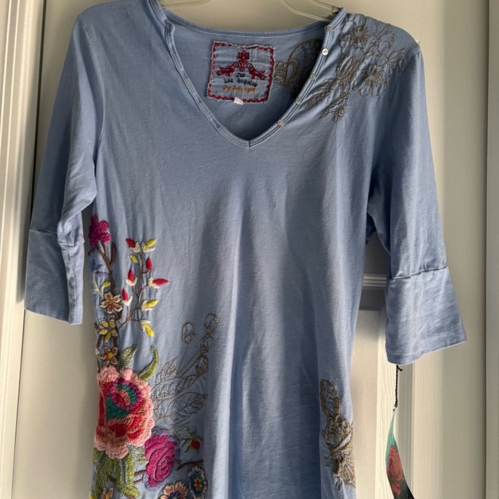 NWT Desigual Women's Light Blue Floral Embroidered Blouse